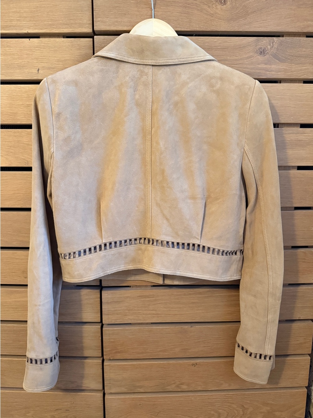 LoveShackFancy Tan Suede Cropped Jacket with Cutout Trim - Picture 2 of 4